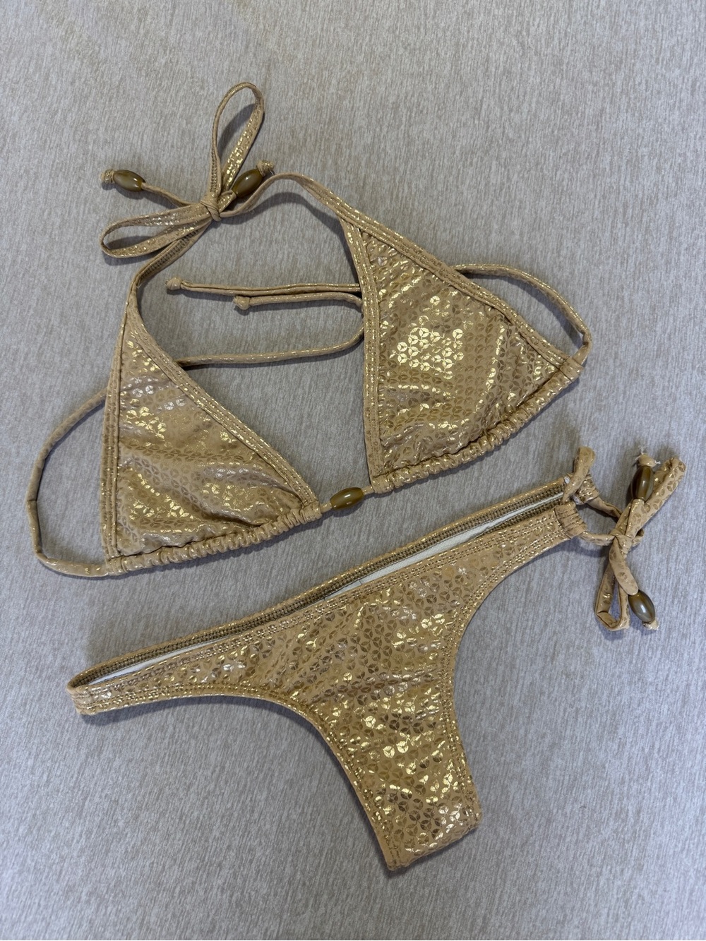 Flounder Metallic Gold Triangle Bikini Set Brazilian Tie Side S/P
